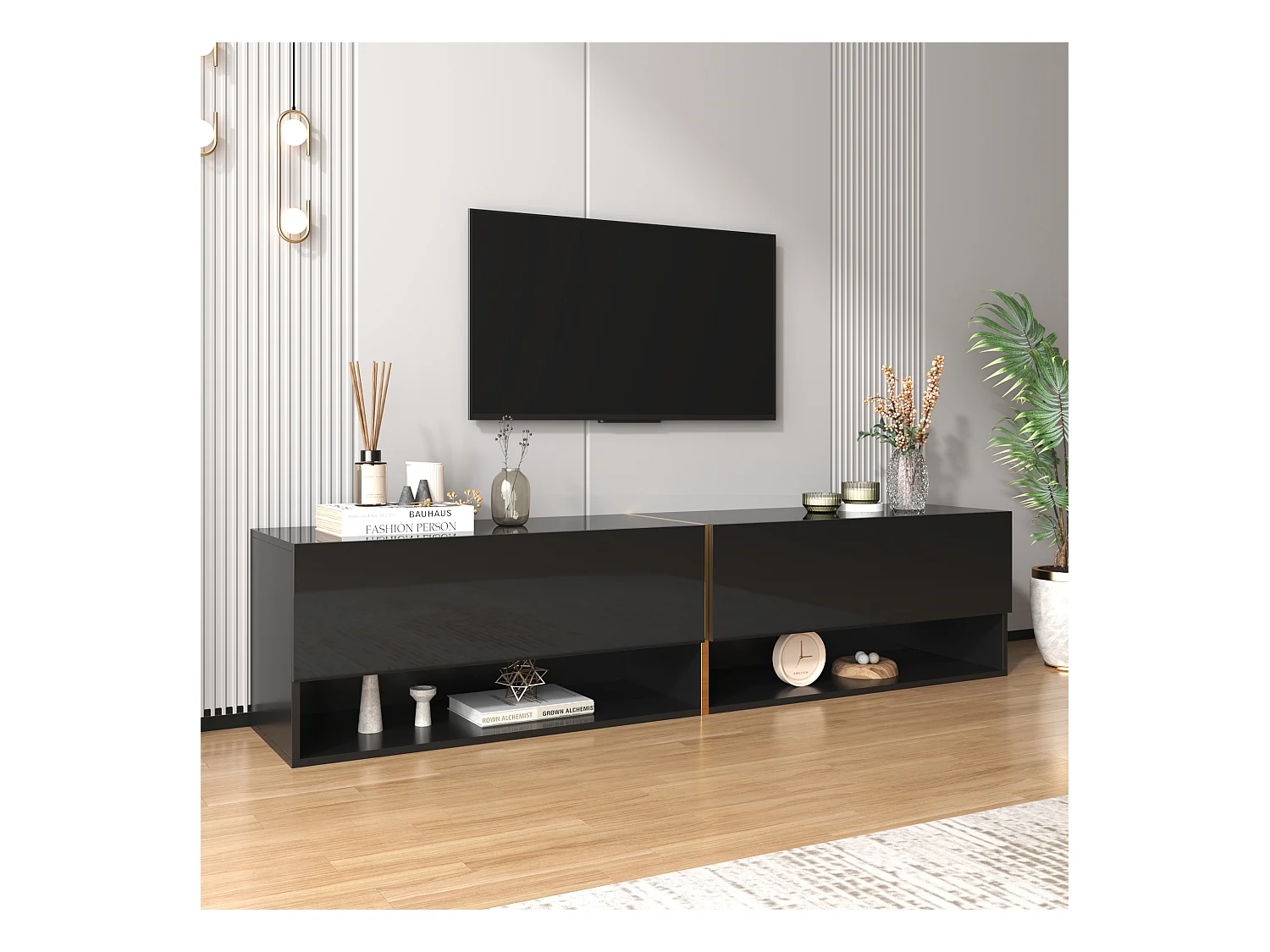 Meuble TV suspendu brillant avec 2 portes et 2 niches - 172 x 35 x 40 cm - Panneaux de particules - Noir