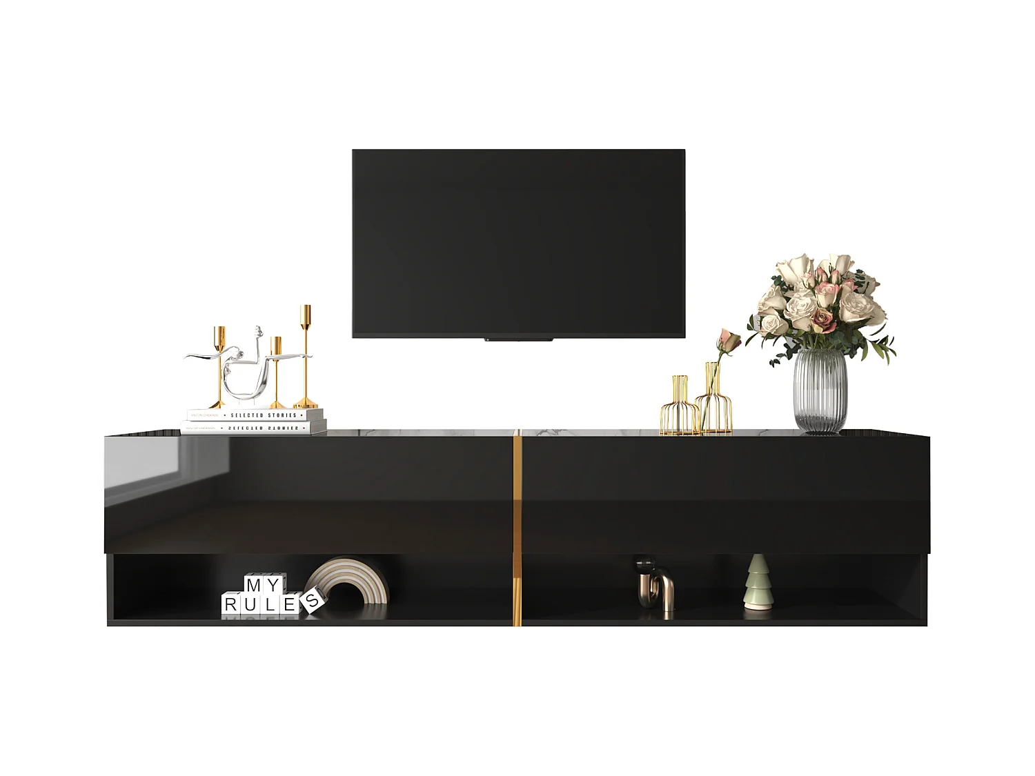 Meuble TV suspendu brillant avec 2 portes et 2 niches - 172 x 35 x 40 cm - Panneaux de particules - Noir
