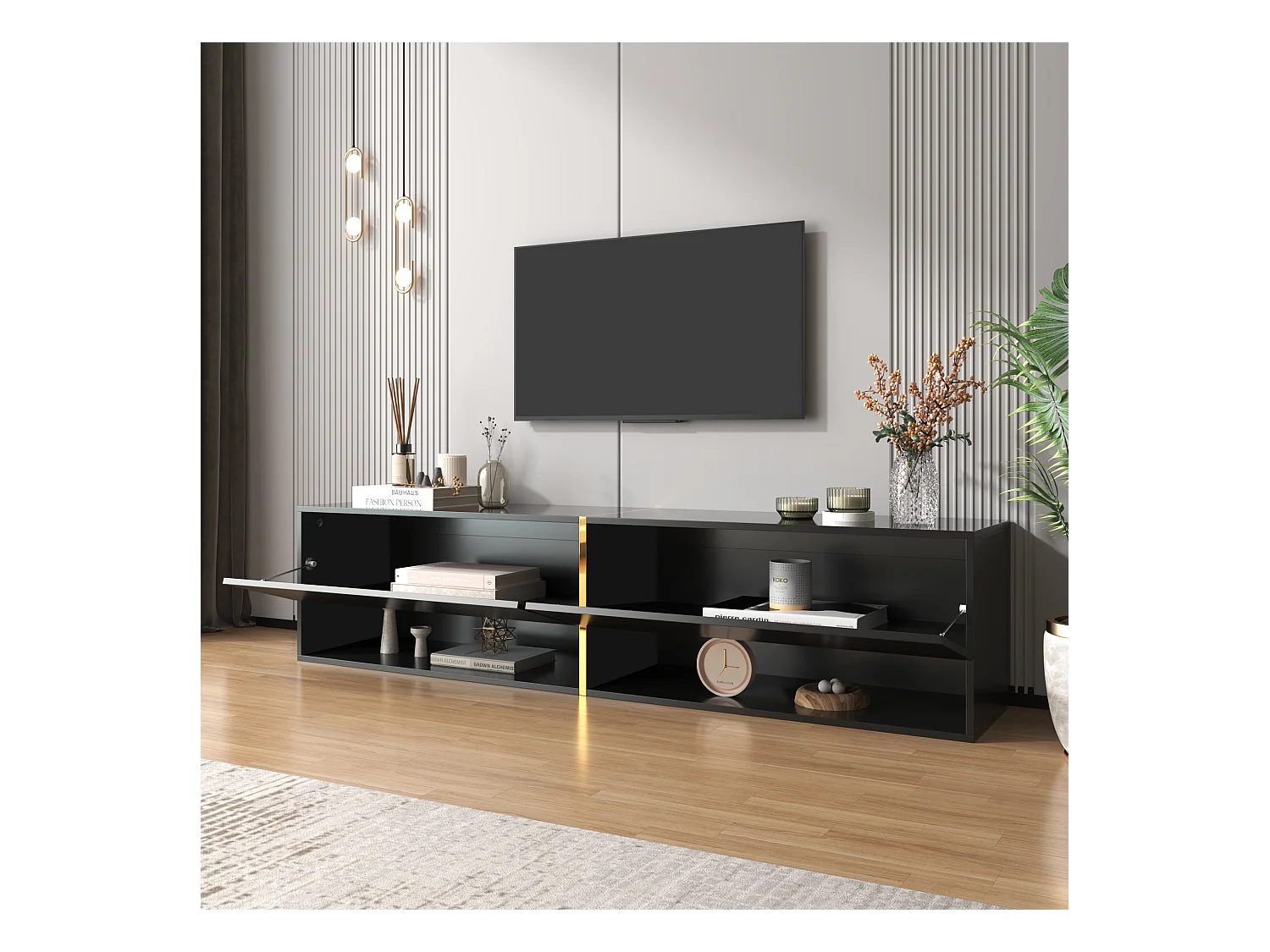 Meuble TV suspendu brillant avec 2 portes et 2 niches - 172 x 35 x 40 cm - Panneaux de particules - Noir