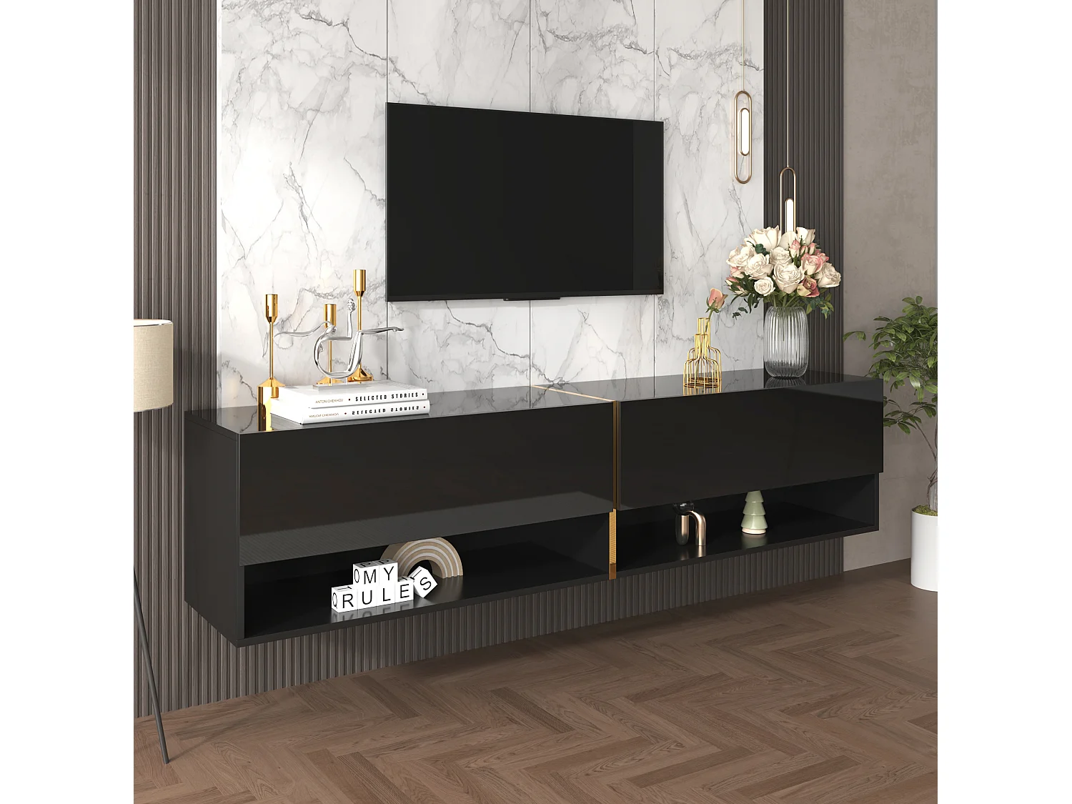 Meuble TV suspendu brillant avec 2 portes et 2 niches - 172 x 35 x 40 cm - Panneaux de particules - Noir