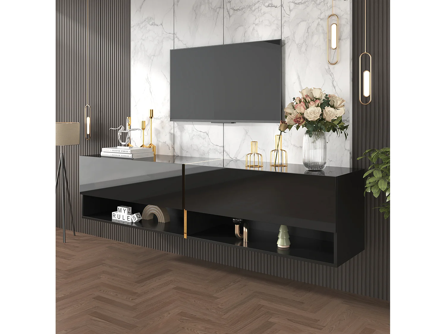 Meuble TV suspendu brillant avec 2 portes et 2 niches - 172 x 35 x 40 cm - Panneaux de particules - Noir