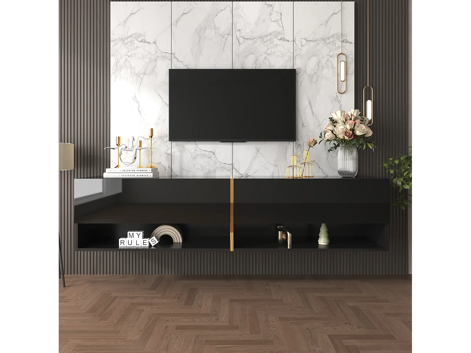 Meuble TV suspendu brillant avec 2 portes et 2 niches - 172 x 35 x 40 cm - Panneaux de particules - Noir