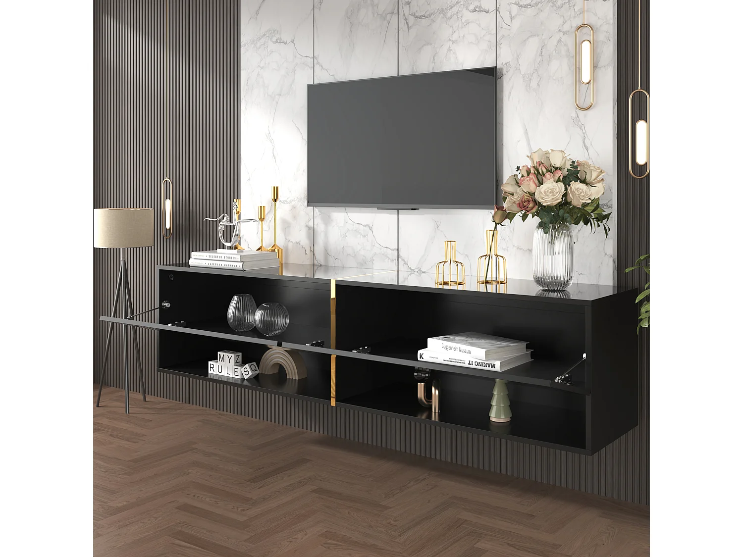 Meuble TV suspendu brillant avec 2 portes et 2 niches - 172 x 35 x 40 cm - Panneaux de particules - Noir