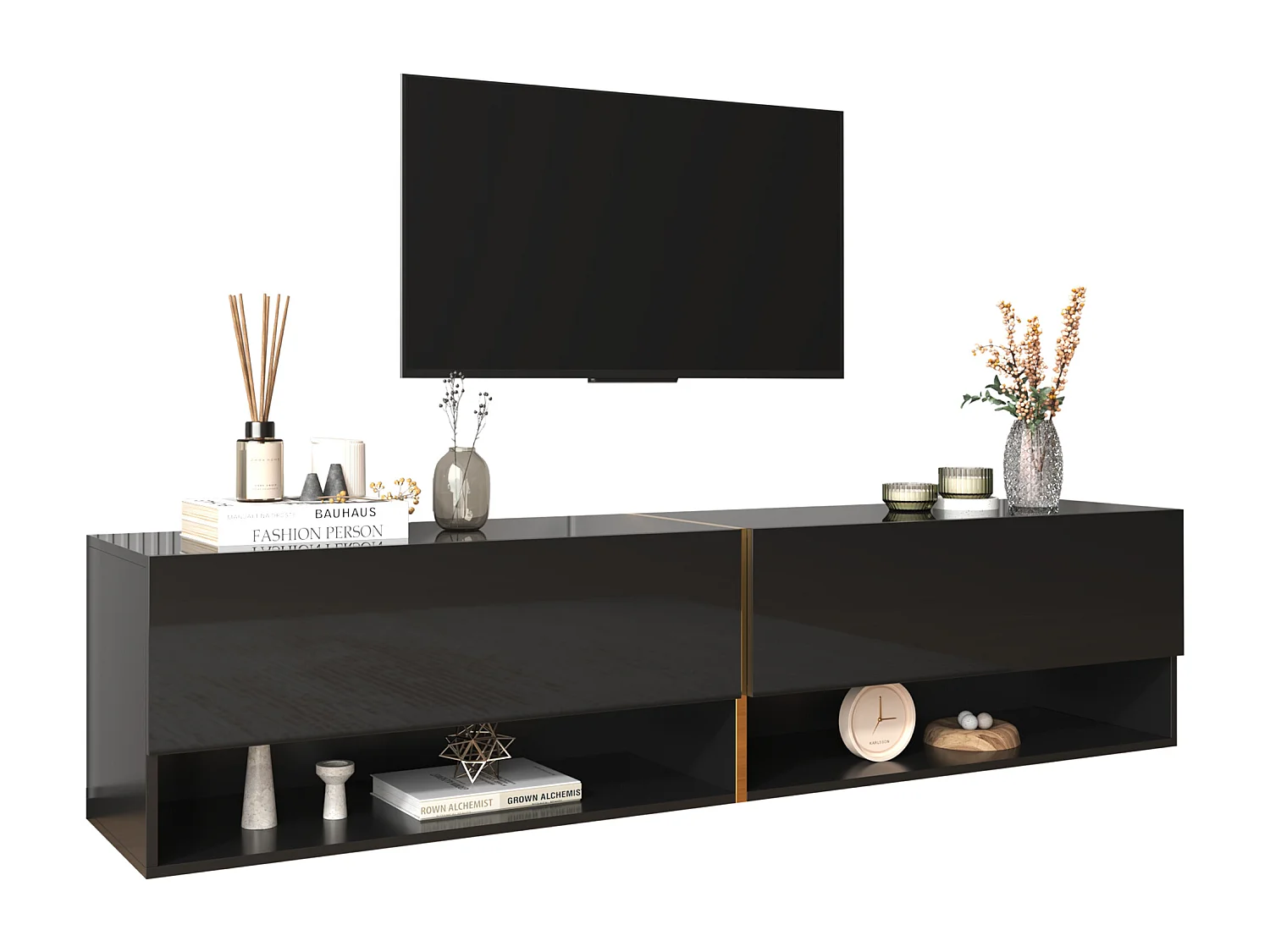 Meuble TV suspendu brillant avec 2 portes et 2 niches - 172 x 35 x 40 cm - Panneaux de particules - Noir