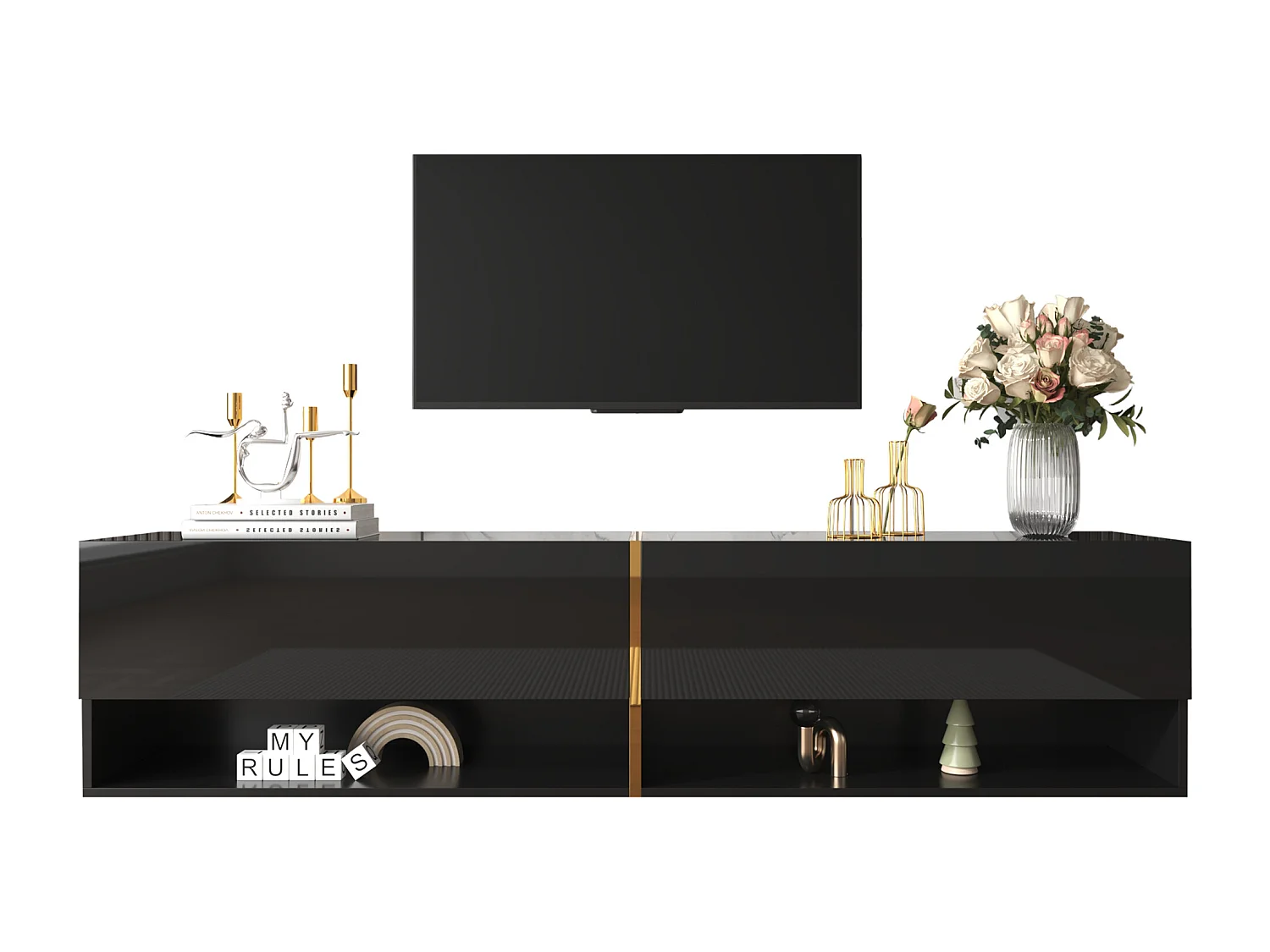 Meuble TV suspendu brillant avec 2 portes et 2 niches - 172 x 35 x 40 cm - Panneaux de particules - Noir