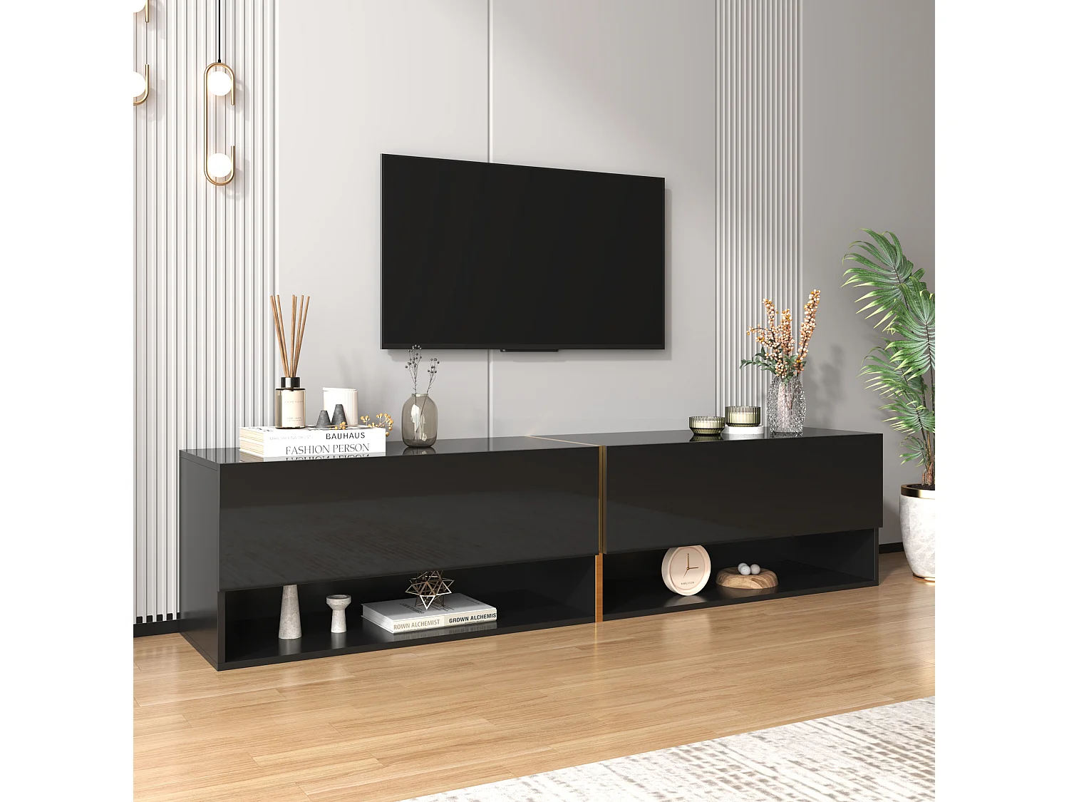 Meuble TV suspendu brillant avec 2 portes et 2 niches - 172 x 35 x 40 cm - Panneaux de particules - Noir