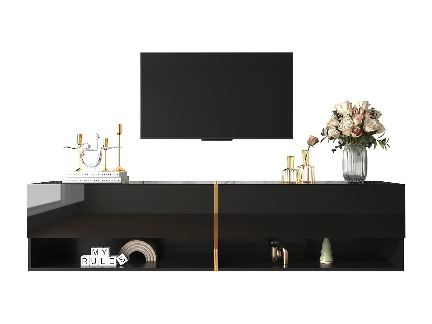 Meuble TV suspendu brillant avec 2 portes et 2 niches - 172 x 35 x 40 cm - Panneaux de particules - Noir