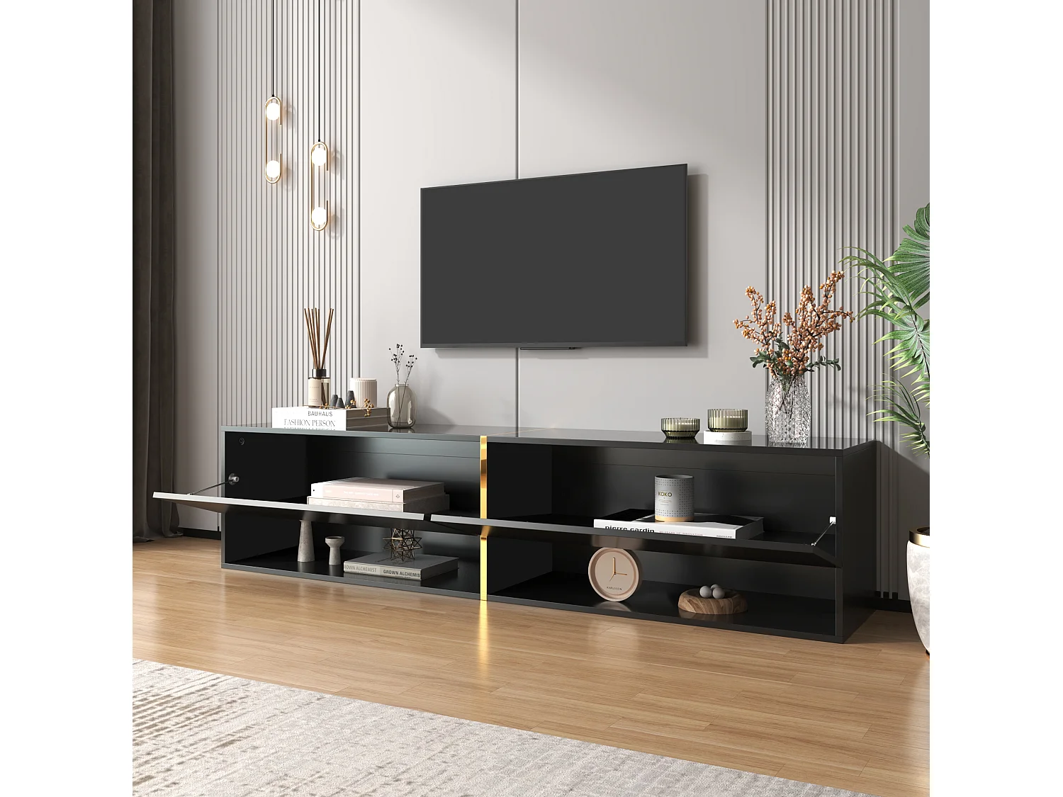 Meuble TV suspendu brillant avec 2 portes et 2 niches - 172 x 35 x 40 cm - Panneaux de particules - Noir