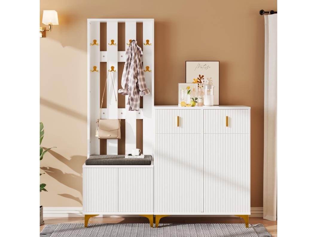 Conjunto zapatero + banco zapatero con cojín - Tablero de partículas - Blanco