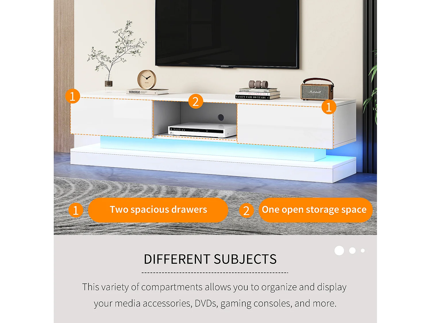 TV-meubel met 2 lades en open vak - 160 x 35 x 40,5 cm - LED's - Spaanplaat - Glanzend wit