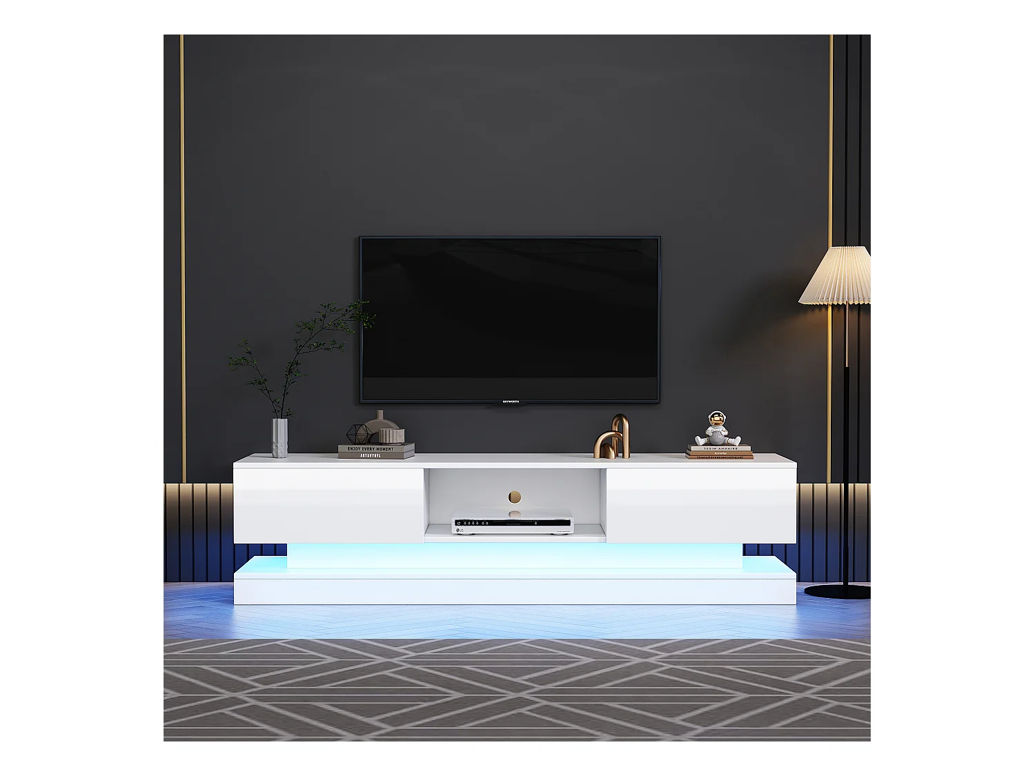 Meuble TV avec 2 tiroirs et compartiment ouvert - 160 x 35 x 40.5 cm - LEDs - Panneau de particules - Blanc brillant