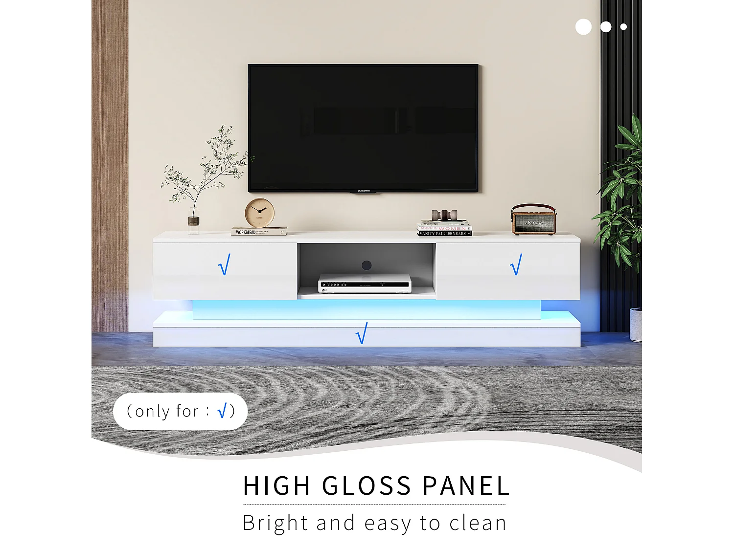 Meuble TV avec 2 tiroirs et compartiment ouvert - 160 x 35 x 40.5 cm - LEDs - Panneau de particules - Blanc brillant