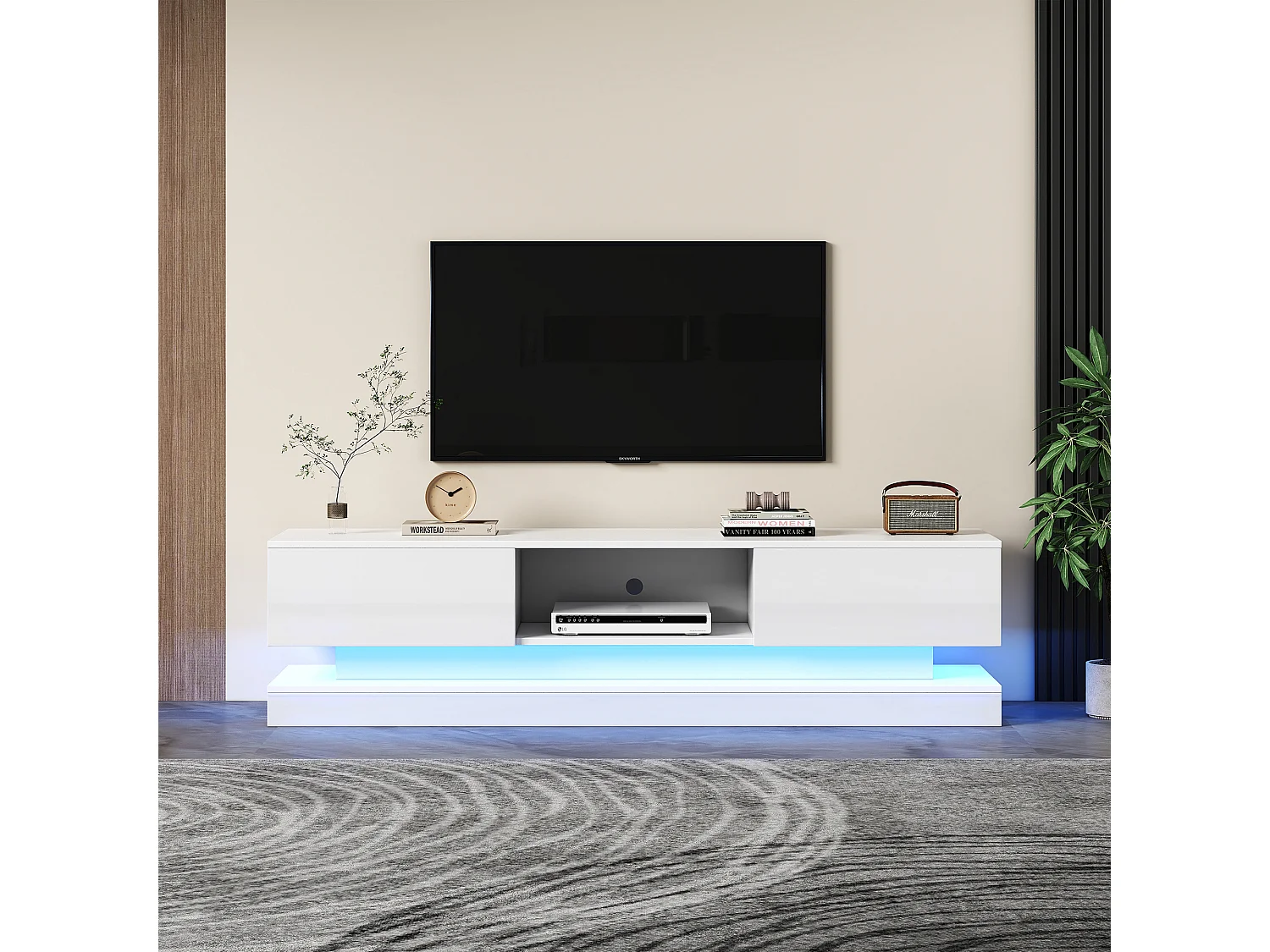Meuble TV avec 2 tiroirs et compartiment ouvert - 160 x 35 x 40.5 cm - LEDs - Panneau de particules - Blanc brillant