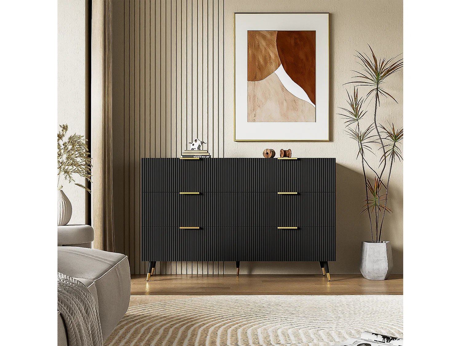 Dressoir, ladekast met 6 laden - 120 x 40 x 77 cm - Spaanplaat - Gouden handgrepen en poten - Zwart