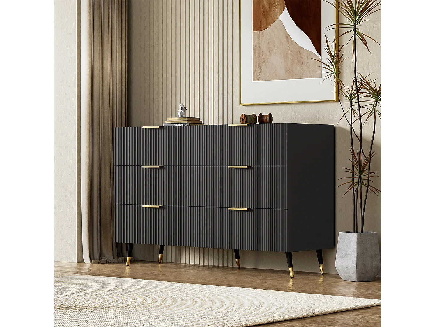 Dressoir, ladekast met 6 laden - 120 x 40 x 77 cm - Spaanplaat - Gouden handgrepen en poten - Zwart