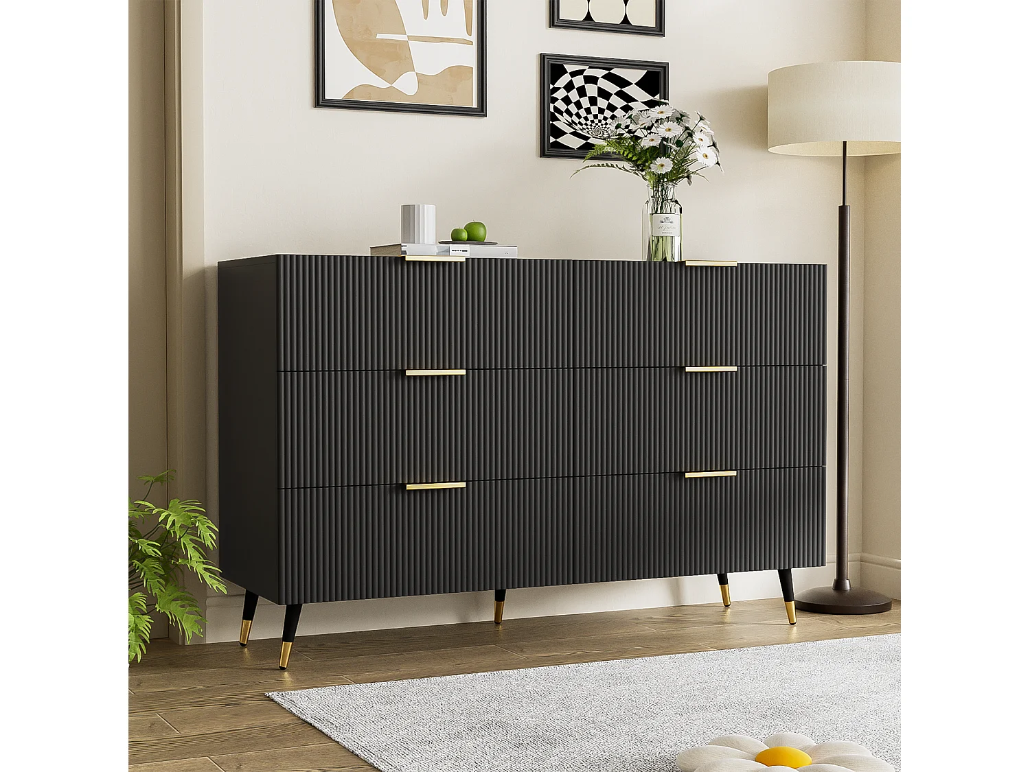 Dressoir, ladekast met 6 laden - 120 x 40 x 77 cm - Spaanplaat - Gouden handgrepen en poten - Zwart