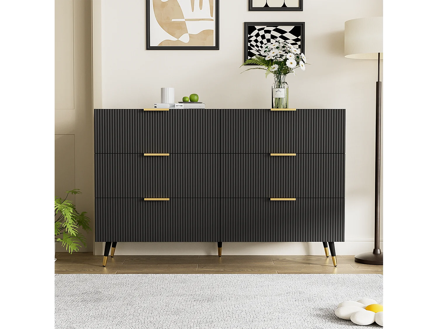 Aparador, cómoda con 6 cajones - 120 x 40 x 77 cm - Tablero de partículas - Tiradores y pies dorados - Negro