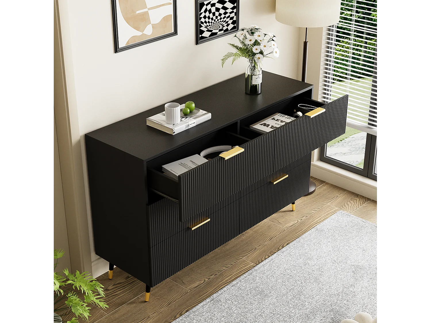 Aparador, cómoda con 6 cajones - 120 x 40 x 77 cm - Tablero de partículas - Tiradores y pies dorados - Negro