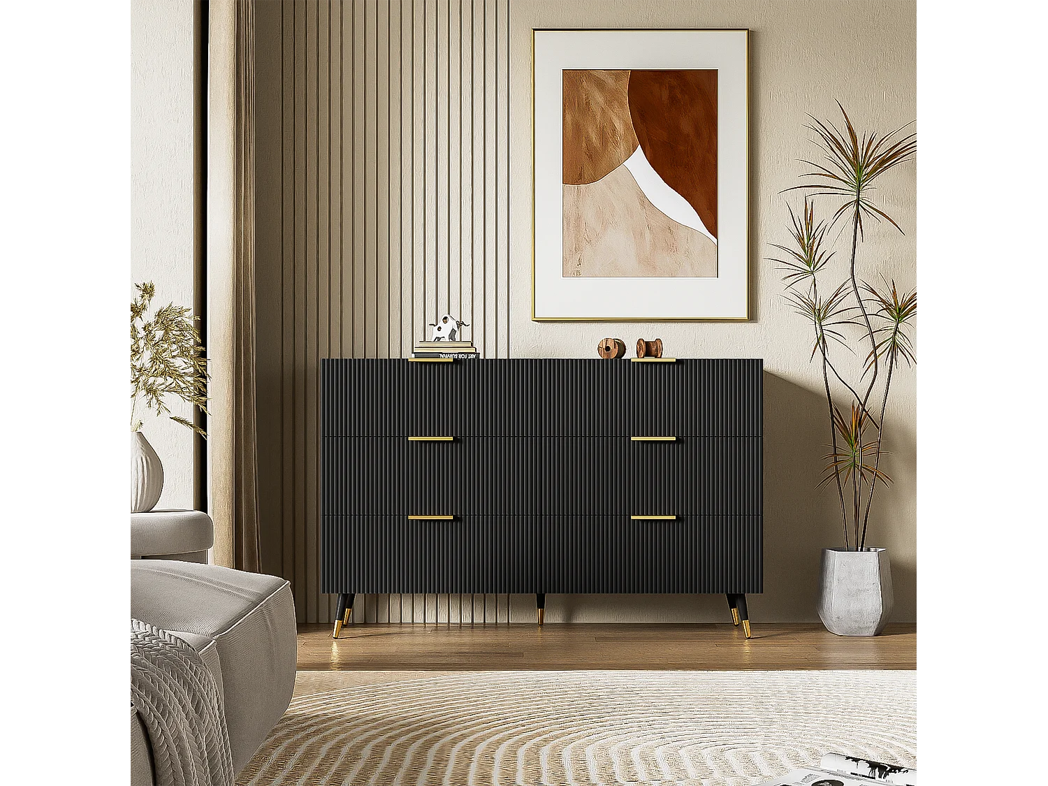 Aparador, cómoda con 6 cajones - 120 x 40 x 77 cm - Tablero de partículas - Tiradores y pies dorados - Negro