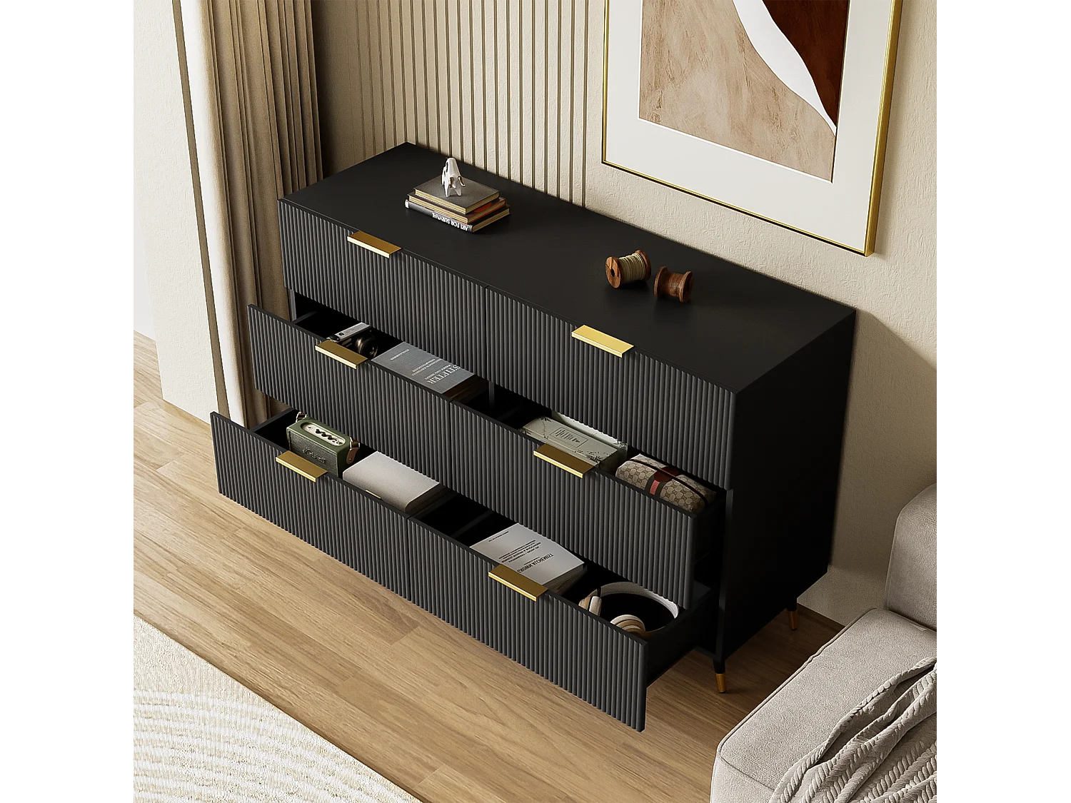 Aparador, cómoda con 6 cajones - 120 x 40 x 77 cm - Tablero de partículas - Tiradores y pies dorados - Negro