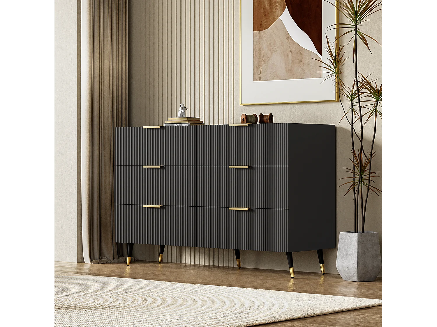 Aparador, cómoda con 6 cajones - 120 x 40 x 77 cm - Tablero de partículas - Tiradores y pies dorados - Negro