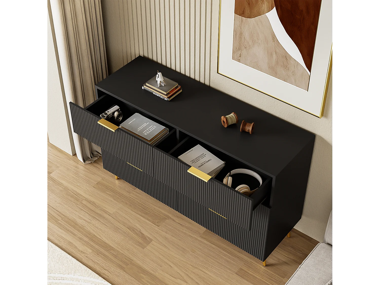 Aparador, cómoda con 6 cajones - 120 x 40 x 77 cm - Tablero de partículas - Tiradores y pies dorados - Negro