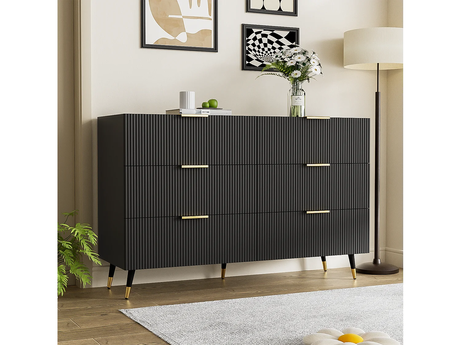 Aparador, cómoda con 6 cajones - 120 x 40 x 77 cm - Tablero de partículas - Tiradores y pies dorados - Negro