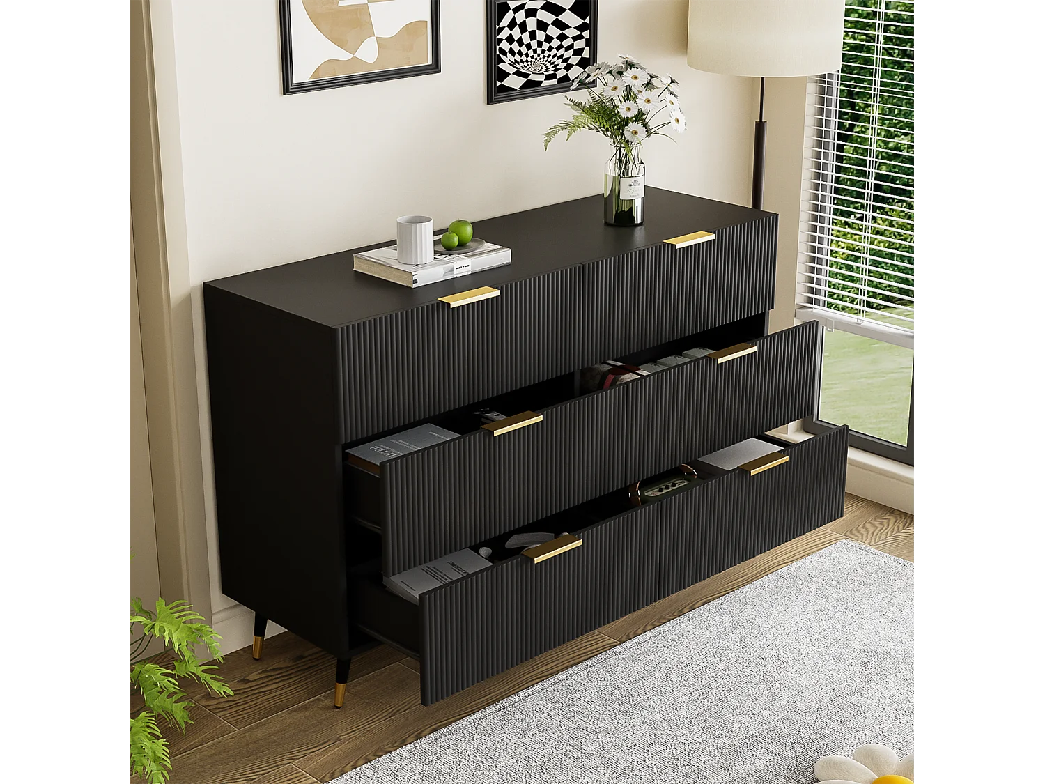 Aparador, cómoda con 6 cajones - 120 x 40 x 77 cm - Tablero de partículas - Tiradores y pies dorados - Negro
