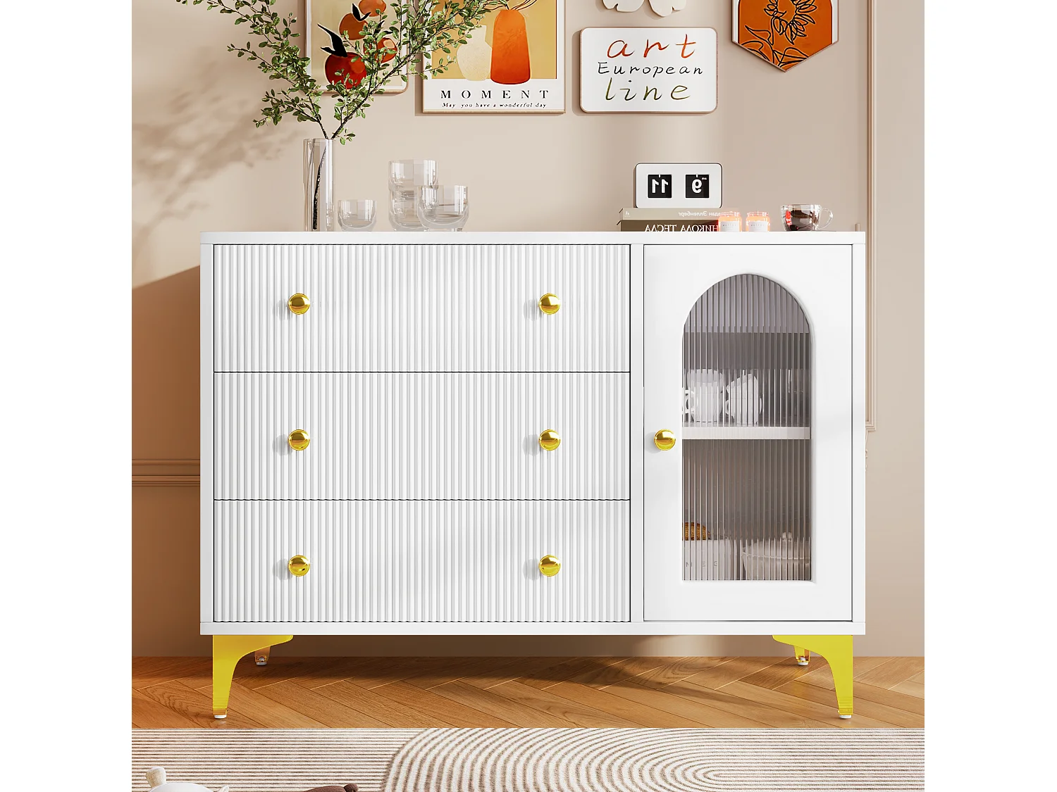 Buffet avec 3 tiroir et une porte vitrée  - 105.5 x 40 x 78 cm - Panneaux de particules - Poignées et pièds dorés - Blanc