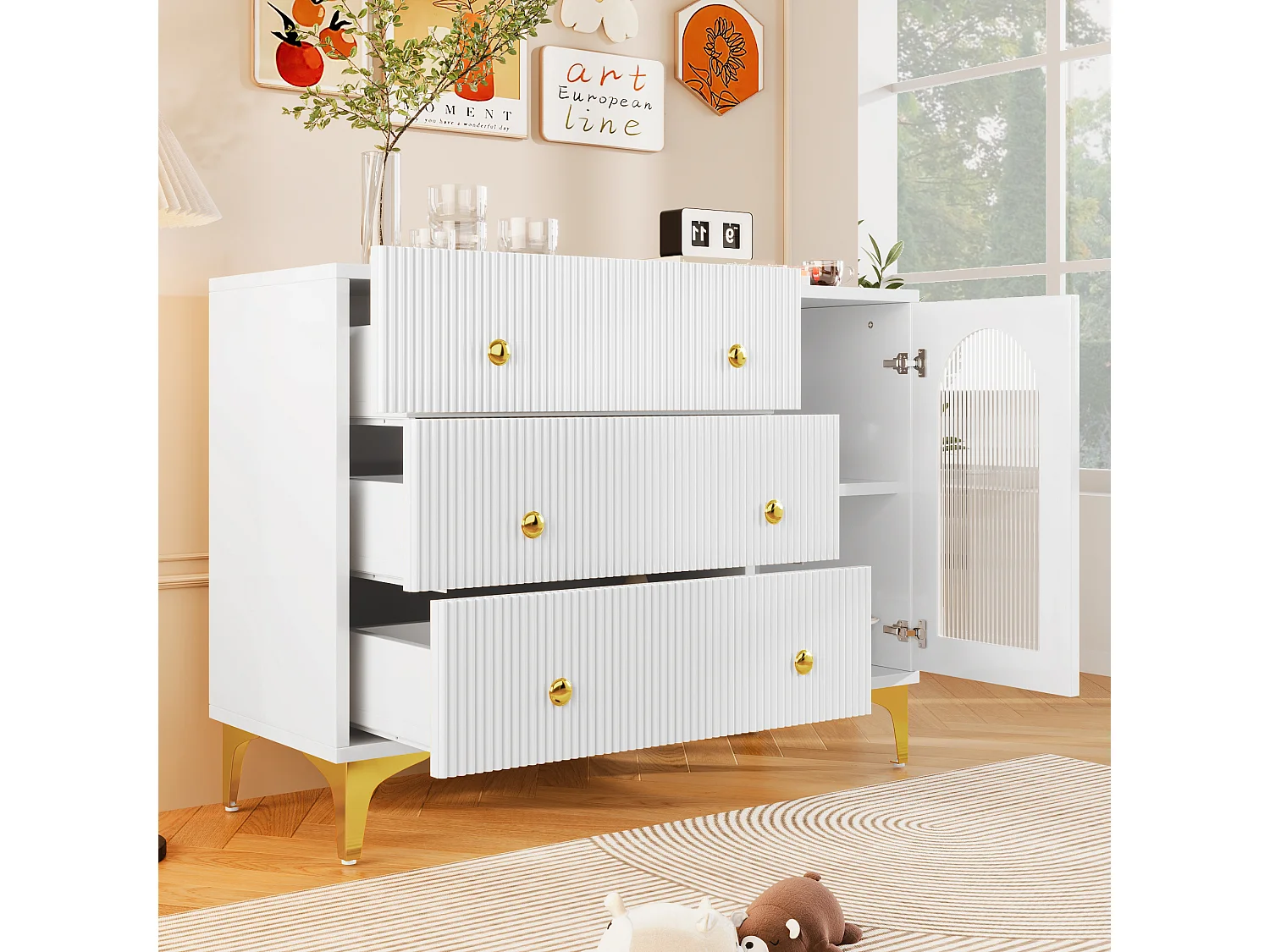 Buffet avec 3 tiroir et une porte vitrée  - 105.5 x 40 x 78 cm - Panneaux de particules - Poignées et pièds dorés - Blanc