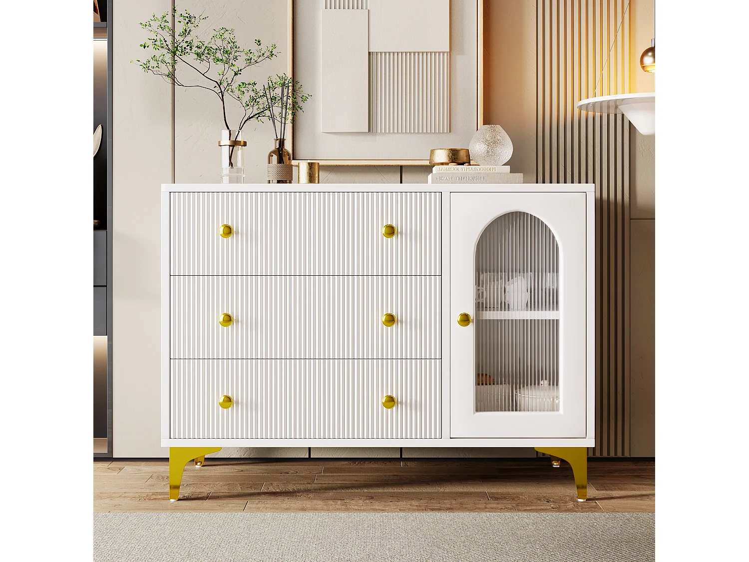 Buffet avec 3 tiroir et une porte vitrée  - 105.5 x 40 x 78 cm - Panneaux de particules - Poignées et pièds dorés - Blanc