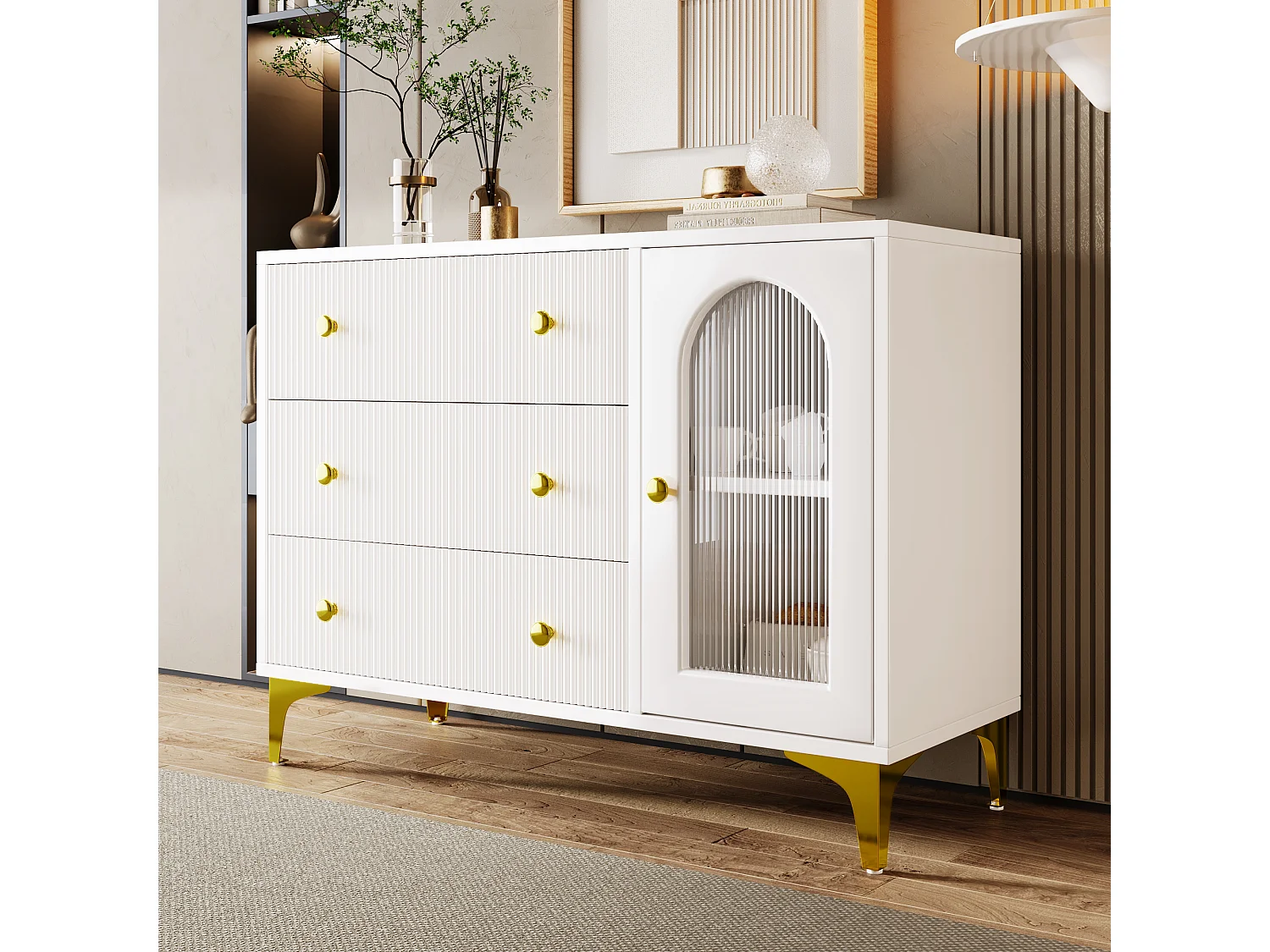 Buffet avec 3 tiroir et une porte vitrée  - 105.5 x 40 x 78 cm - Panneaux de particules - Poignées et pièds dorés - Blanc