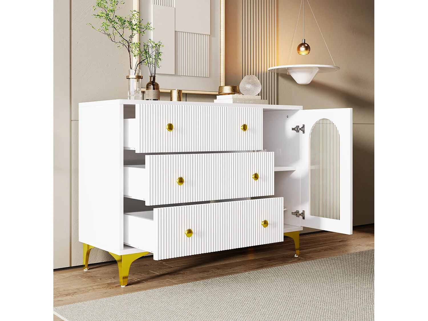 Buffet avec 3 tiroir et une porte vitrée  - 105.5 x 40 x 78 cm - Panneaux de particules - Poignées et pièds dorés - Blanc