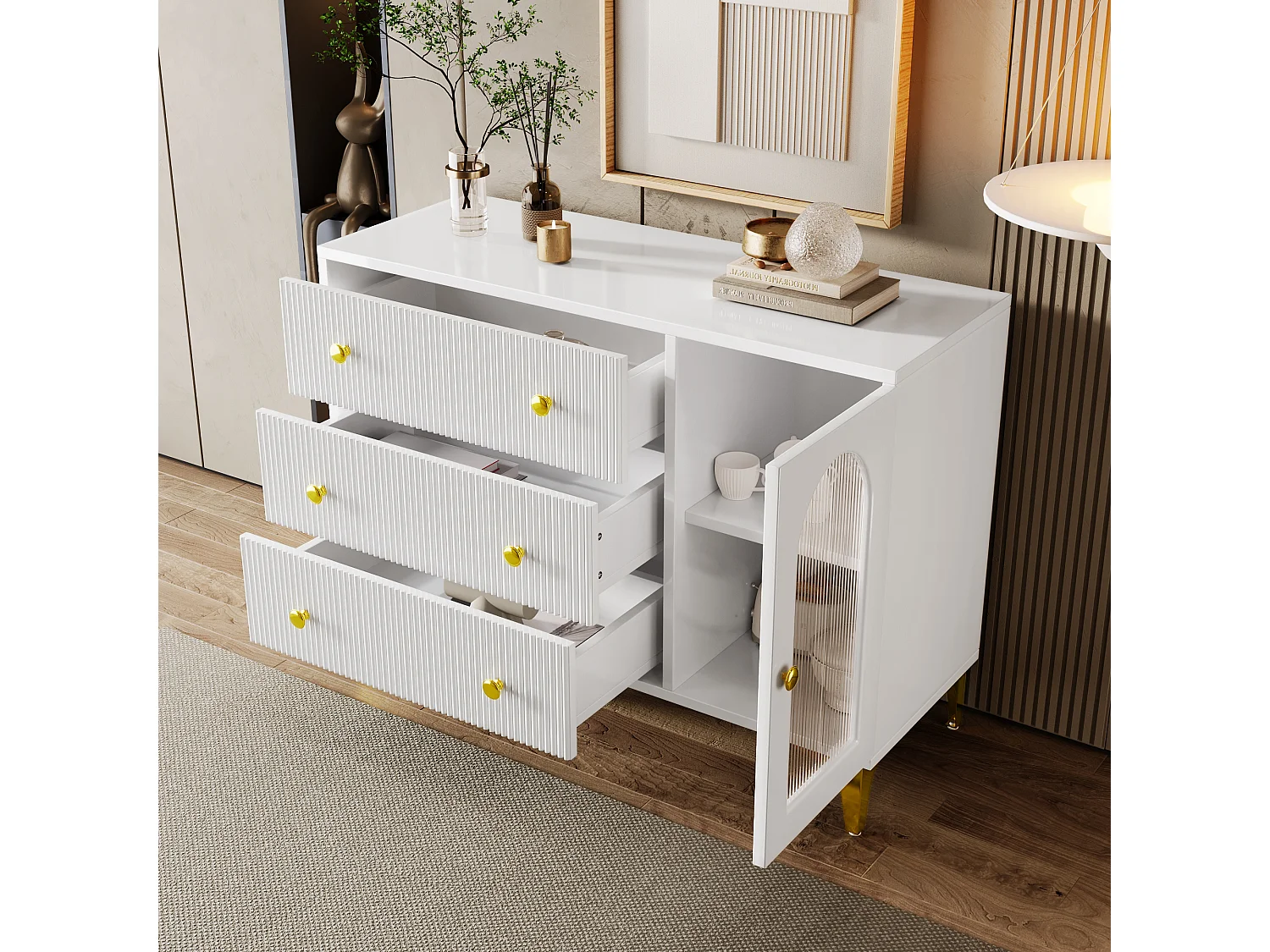Buffet avec 3 tiroir et une porte vitrée  - 105.5 x 40 x 78 cm - Panneaux de particules - Poignées et pièds dorés - Blanc