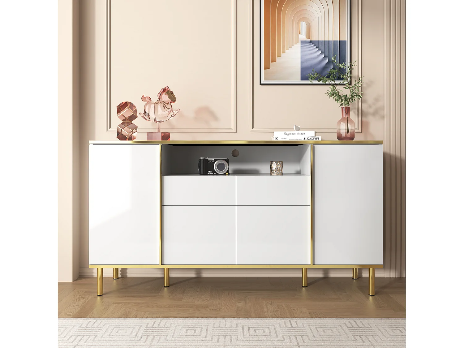 Buffet à haute brillance avec 4 portes, 2 tiroirs et un compartiment - 150 x 40 x 80 cm - Panneaux de particules - Blanc et or