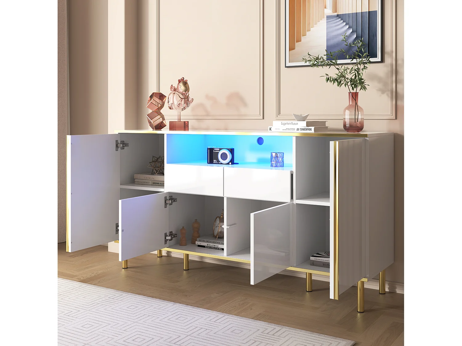 Buffet à haute brillance avec 4 portes, 2 tiroirs et un compartiment - 150 x 40 x 80 cm - Panneaux de particules - Blanc et or
