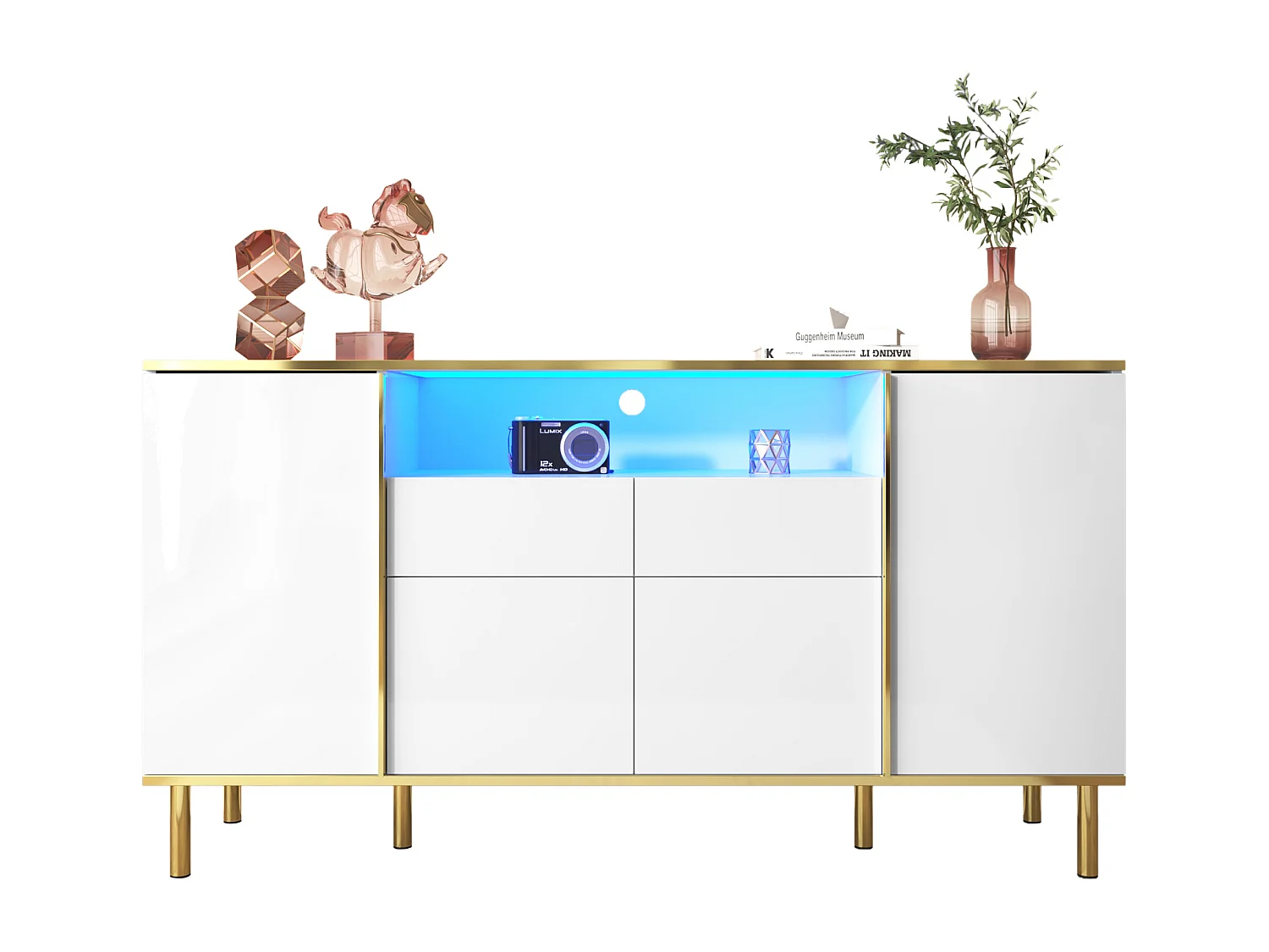 Buffet à haute brillance avec 4 portes, 2 tiroirs et un compartiment - 150 x 40 x 80 cm - Panneaux de particules - Blanc et or