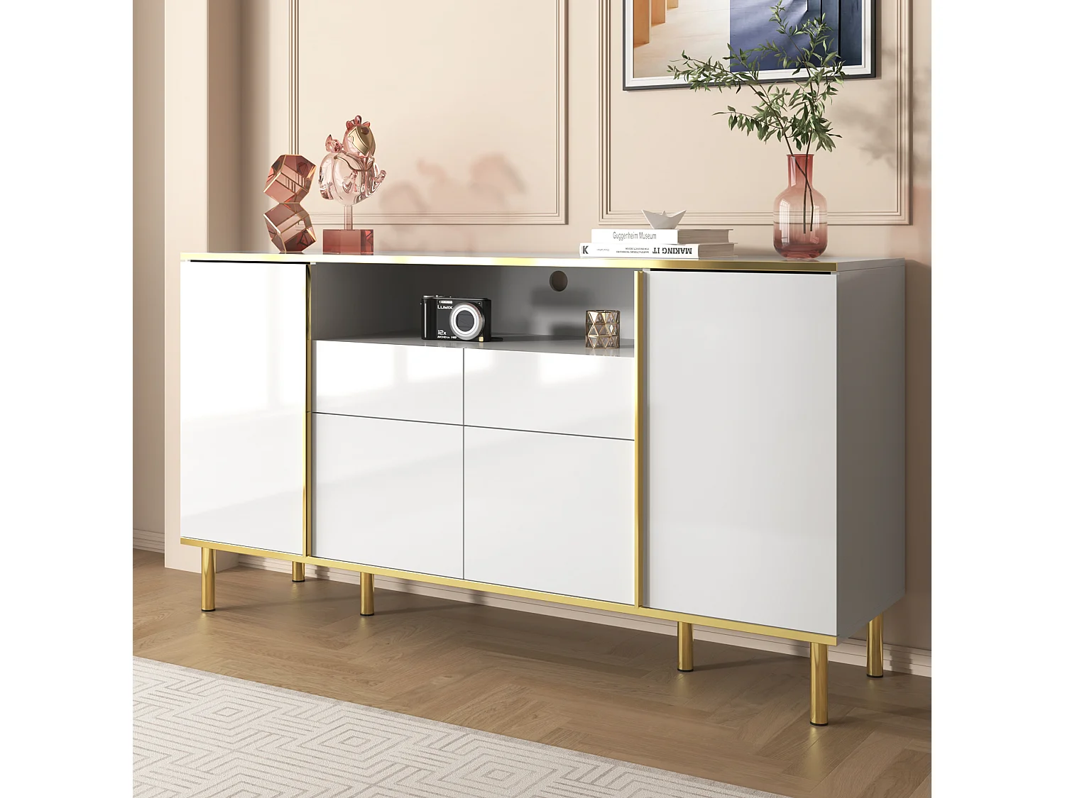 Buffet à haute brillance avec 4 portes, 2 tiroirs et un compartiment - 150 x 40 x 80 cm - Panneaux de particules - Blanc et or