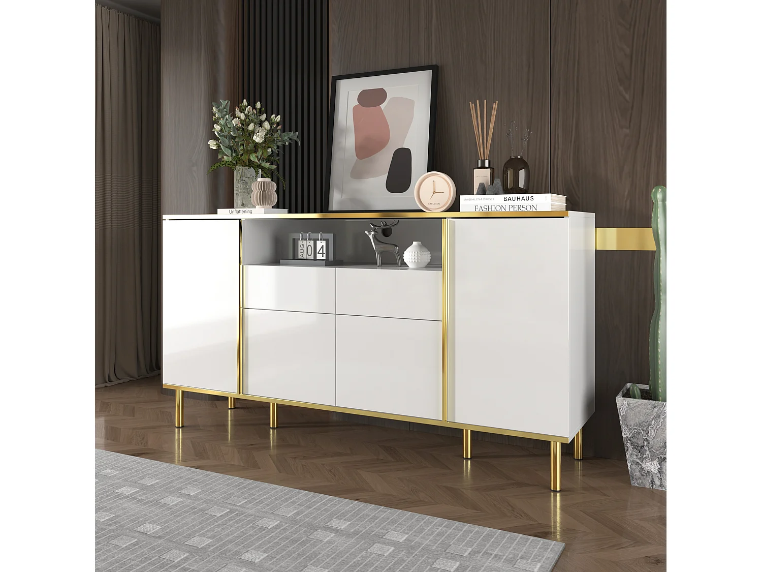 Buffet à haute brillance avec 4 portes, 2 tiroirs et un compartiment - 150 x 40 x 80 cm - Panneaux de particules - Blanc et or