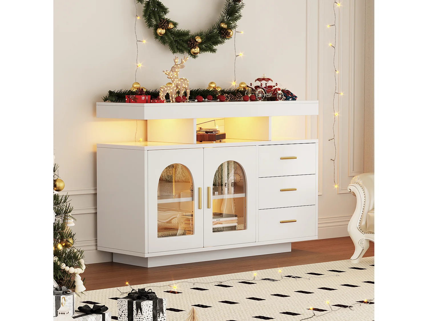 Buffet avec 3 tiroirs et 2 portes en acrylique - 120 x 40 x 80 cm - LEDs - Panneaux de particules - Blanc
