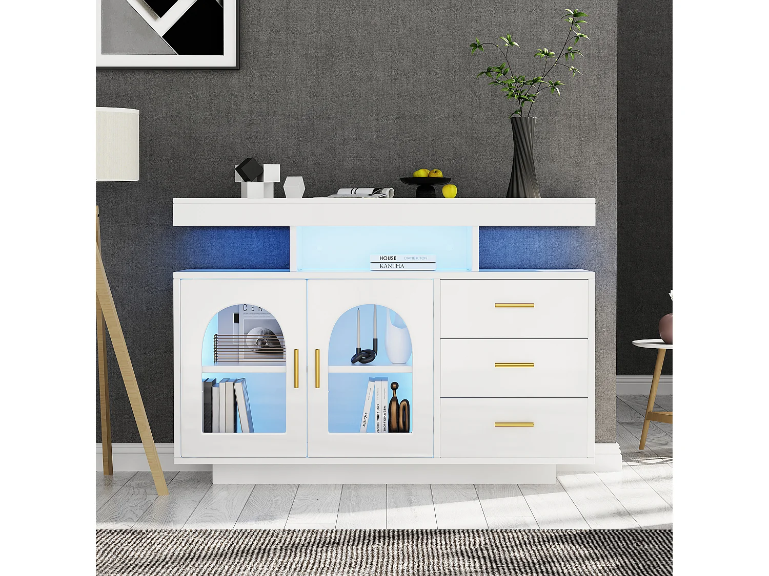 Buffet avec 3 tiroirs et 2 portes en acrylique - 120 x 40 x 80 cm - LEDs - Panneaux de particules - Blanc