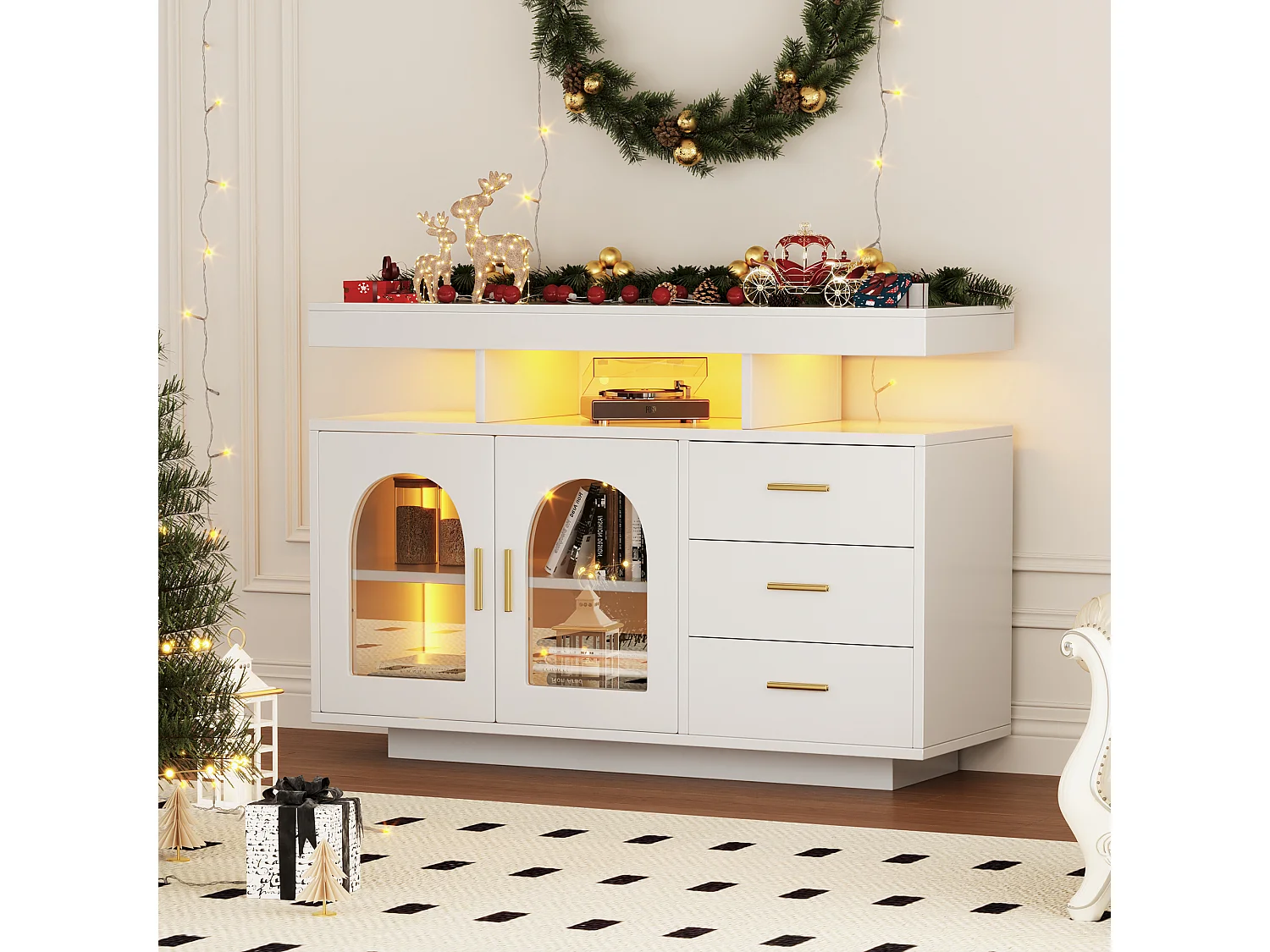 Buffet avec 3 tiroirs et 2 portes en acrylique - 120 x 40 x 80 cm - LEDs - Panneaux de particules - Blanc