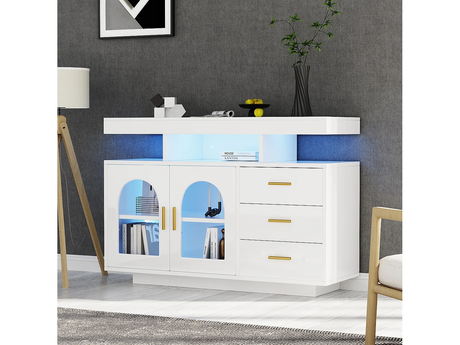 Buffet avec 3 tiroirs et 2 portes en acrylique - 120 x 40 x 80 cm - LEDs - Panneaux de particules - Blanc