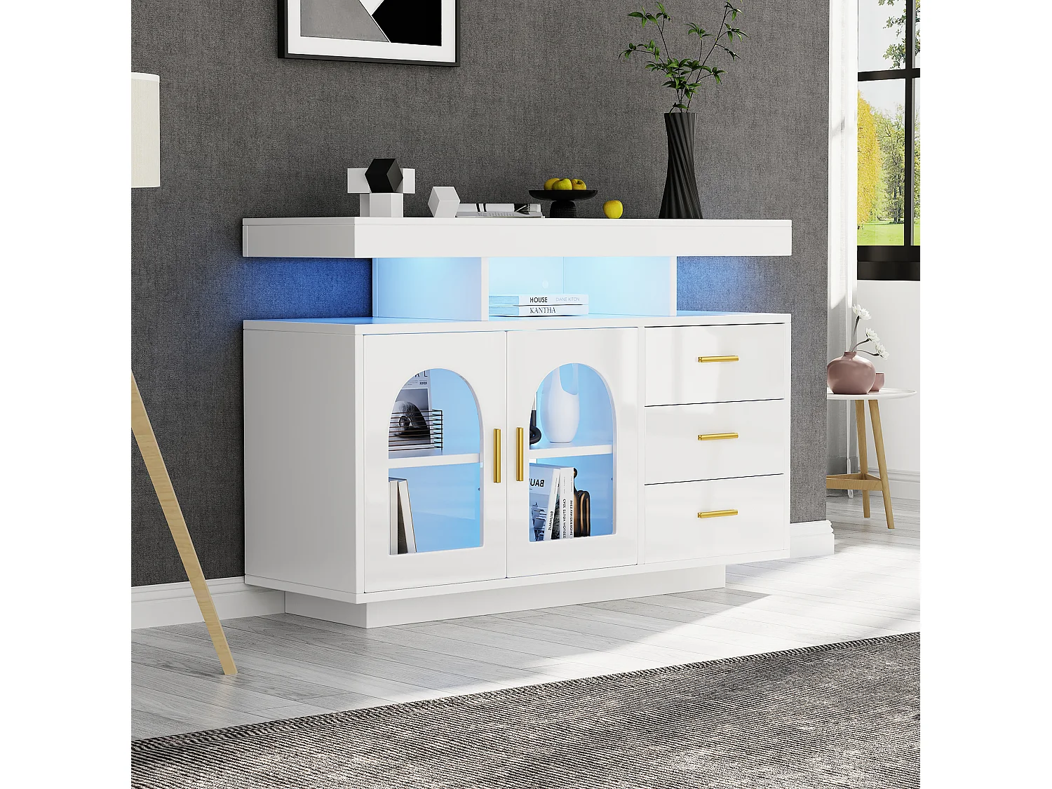 Buffet avec 3 tiroirs et 2 portes en acrylique - 120 x 40 x 80 cm - LEDs - Panneaux de particules - Blanc