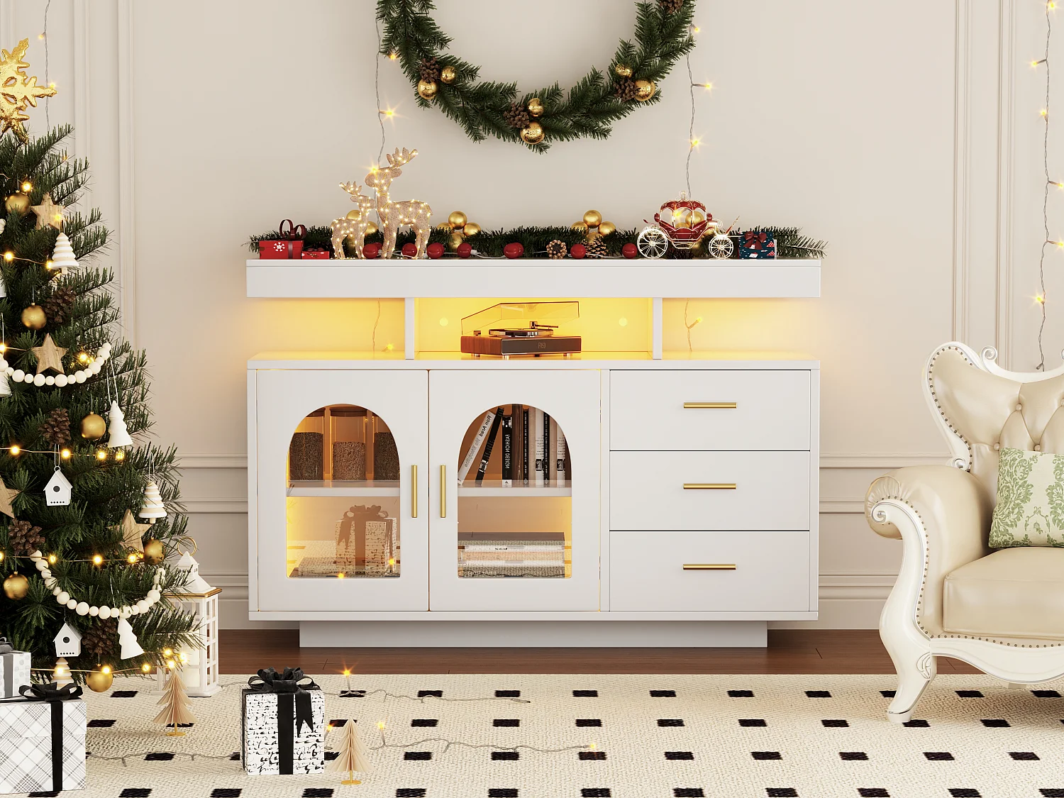 Buffet avec 3 tiroirs et 2 portes en acrylique - 120 x 40 x 80 cm - LEDs - Panneaux de particules - Blanc