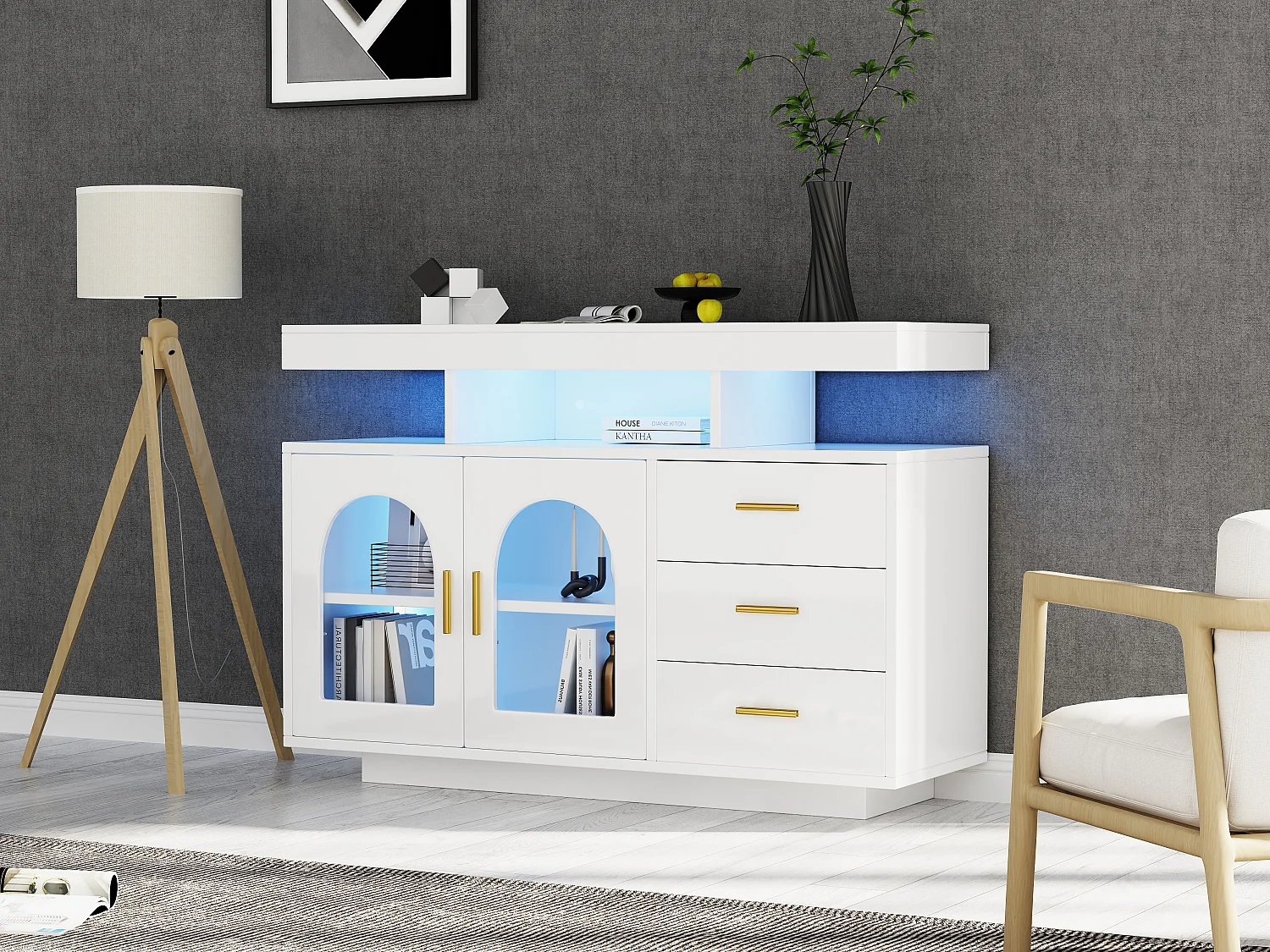 Buffet avec 3 tiroirs et 2 portes en acrylique - 120 x 40 x 80 cm - LEDs - Panneaux de particules - Blanc