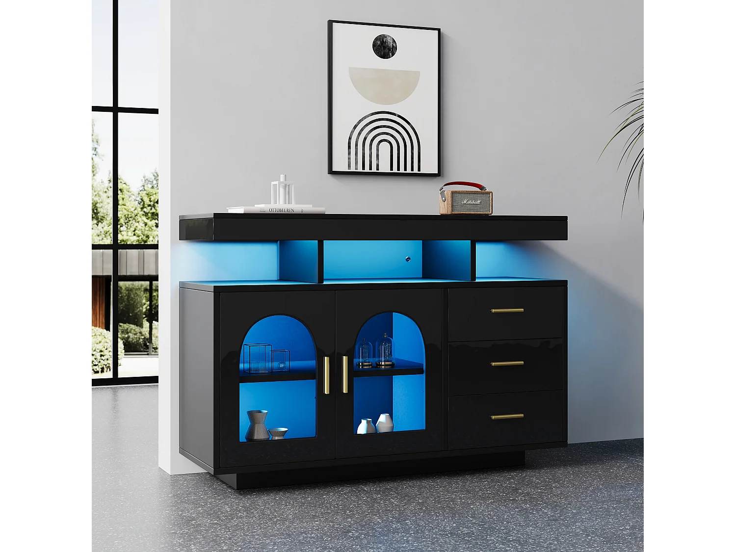 Komoda z 3 szufladami i 2 drzwiami akrylowymi - 120 x 40 x 80 cm - Diody LED - Płyta wiórowa - Czarny
