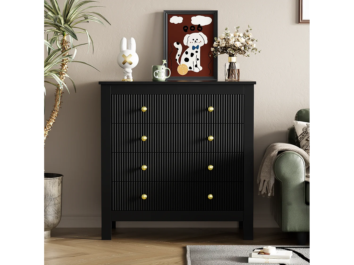 Sideboard, Kommode mit 5 Schubladen – Goldgriffe – 79 x 38,5 x 80,5 cm – Spanplatte – Schwarz