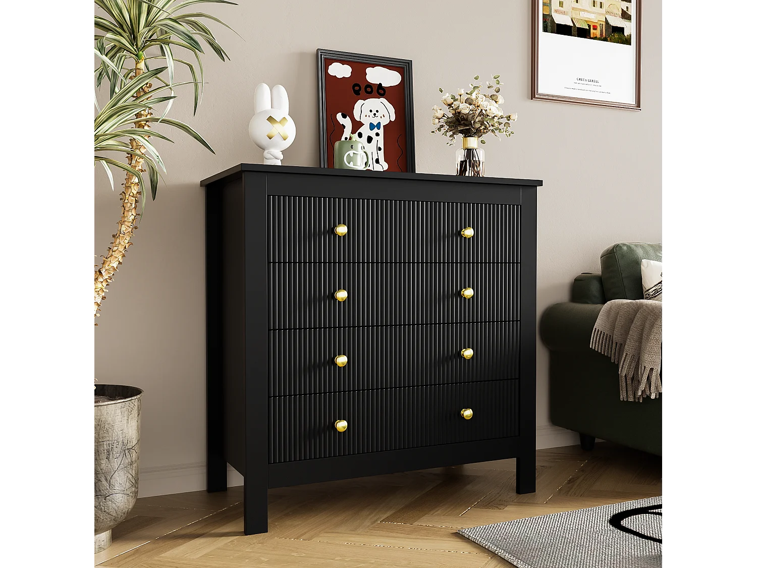 Sideboard, Kommode mit 5 Schubladen – Goldgriffe – 79 x 38,5 x 80,5 cm – Spanplatte – Schwarz