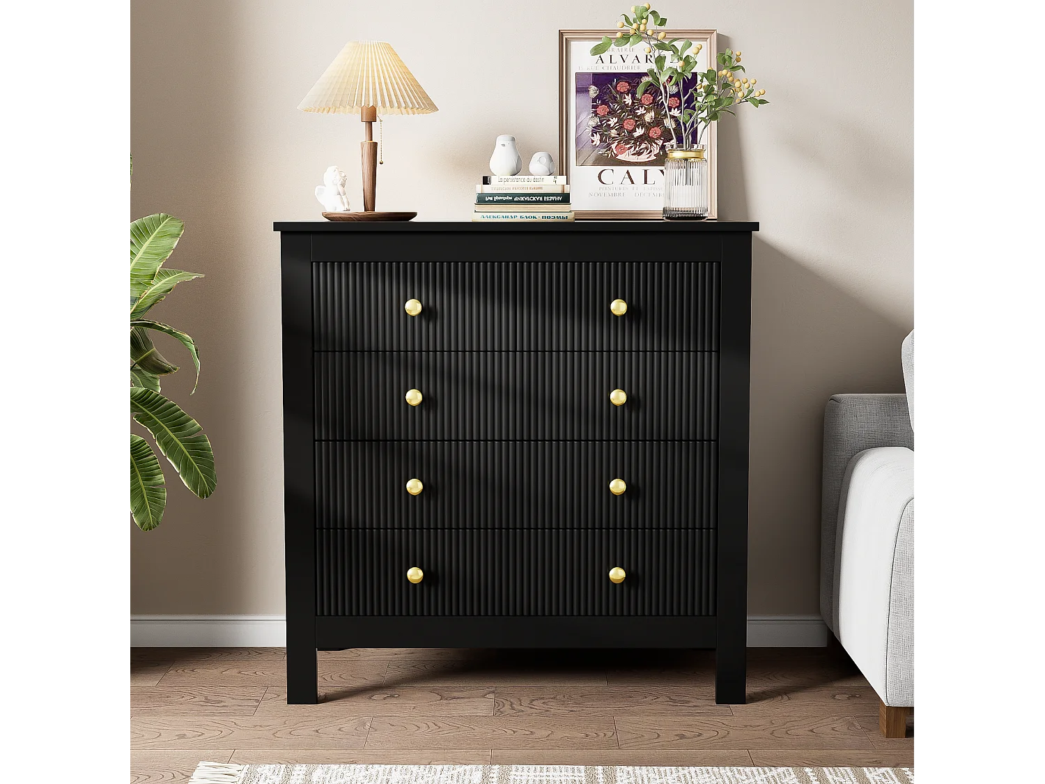 Sideboard, Kommode mit 5 Schubladen – Goldgriffe – 79 x 38,5 x 80,5 cm – Spanplatte – Schwarz